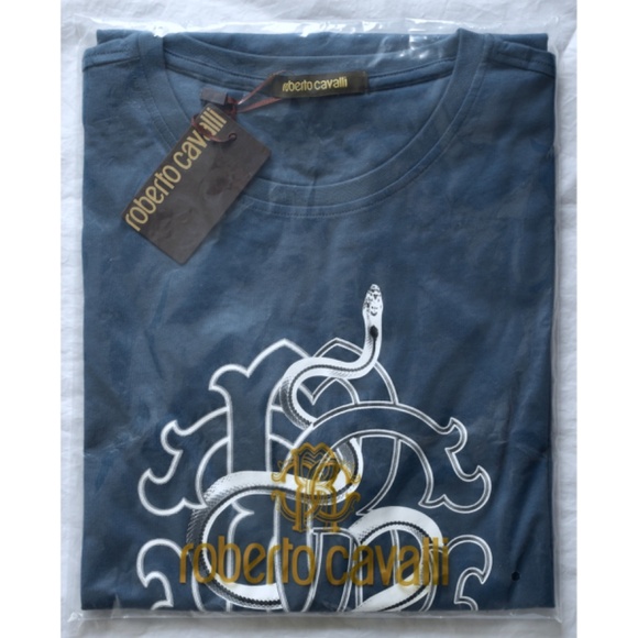 ROBERTO CAVALLI SNAKE GRAPHIC CREW NECK NAVY COTTON TEE. SIZE XL - Picture 4 of 7
